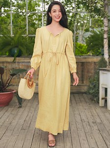 Pastel Yellow Linen Dress Women, Long Sleeve Maxi Linen Dress With Tie Front and Drawstring Waist, Open Back Bow Dress Maxi, Romantic Outfit - Etsy