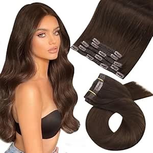 Moresoo Brown Clip in Hair Extensions Remy Double Weft Human Hair Clip in Extensions Straight Hair Extensions for Women Medium Brown #4 5pcs 80g 12inch