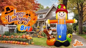 OurWarm 8FT Thanksgiving Inflatable Scarecrow Decorations Outdoor, Blow Up Scarecrow with Squirrel Sunflower Pumpkin, Fall Autumn Inflatable with Built-in LEDs for Outside Garden Yard Lawn Decor