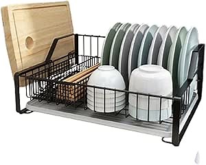 JUSHZ Dish rack Dish drying rack Over sink Drainer Draining rack Stainless Steel Storage Rack With Drip Tray Handle Prevent Rust (black 44x33x17cm)