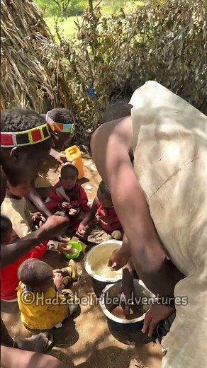 Hadzabe Tribe bushman eating their bush food and living in the forest
