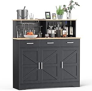 Buffet Cabinet with Storage, 47" Large Double-Layer Sideboard, Kitchen Cabinet with 3 Drawers and Movable Laminate, Durable Wood Coffee Bar for Kitchen & Dining Room (Black)