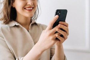 Smiling Young Woman Typing on Smartphone, Chatting in Social Network, Watch Video. Digital Interaction Delight Stock Photo - Image of communication, connection: 302898438