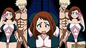 Uraraka sucks the milk from Bakugo's cock