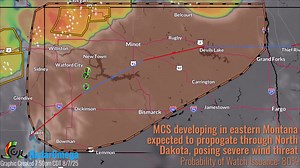 Per the #SPC, a mesoscale convective system in eastern Montana and ongoing convection near the North Dakota/Canada border are both expected to strengthen and propagate east over the next few hours. With the MCS especially, severe wind gusts up to 90 mph will be possible. #MTwx #NDwx | RadarOmega