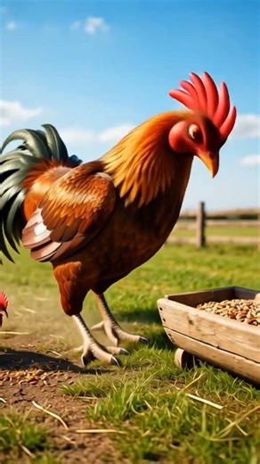 The rooster is walking and eating food