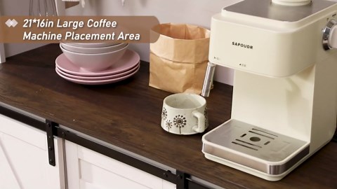 Farmhouse Coffee Bar Cabinet with Storage, Sliding Barn Door, Led Lights, Power Strip, Tall Home Bar for Dining Room (Gray Walnut)