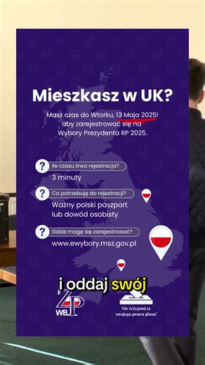 ⏰ To ostatni moment! 🇵🇱 Mieszkasz w UK i chcesz zagłosować w wyborach Prezydenta RP? 🕒 Rejestracja na wybory zajmuje tylko kilka minut! To naprawdę proste – sprawdziliśmy krok po kroku, jak się zapisać. Potrzebujesz: 📌 ważny polski dokumentu 📌 numeru PESEL 📌 adres zamieszkania w UK Po rejestracji📅 18 maja (niedziela) możesz oddać głos w wybranej komisji wyborczej. 🔗 Wszystkie instrukcje i link do rejestracji znajdziesz na www.fedpoles.org.uk 🗳 To ostatni moment – nie zmarnuj swojego gło