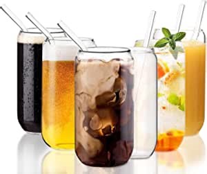 Drinking Glasses with Glass Straw 6pcs Set - 16oz Clear Can Shaped Glass Cups, Iced Coffee Glasses, Cute Tumbler Cup, Aesthetic Glassware, Ideal for Soda, Beer, Cocktail, Gift - Extra Cleaning Brushes