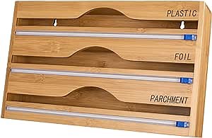 Foil And Plastic Wrap Organizer - Plastic Wrap Dispenser With Cutter Aluminum Foil Holder Saran Wrap Organizer 3 in 1 Bamboo Storage Tin Foil Organizer For Drawer Cling Wrap Paper Cutter Fit 12" Roll