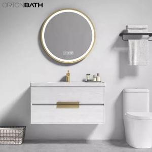 [Hot Item] Ortonbath Modern Wall Mount Art Ceramic Sink Bathroom Wood Vanity Unit Cabinet Artificial Stone Bathroom Furniture with Mirror Cabinet and Gold Handle