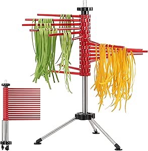 Navaris Collapsible Pasta Drying Rack - Tall Compact Spaghetti Noodle Stand with 16 Plastic Rods - Fresh Pasta Making Accessories - up to 2 kg (4.5 lbs) - Red