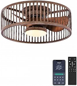 Coolbull 20'' Caged Ceiling Fan with Light, Dimmable Led, Easy to Install, Mute Dc Reversible Motor, 6 Speeds, Low Profile Rustic Vintage Ceiling Fan with Remote/App for Bedroom, Kitchen