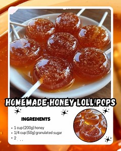 Homemade Honey Lollipops Ingredients: 1 cup (200g) honey 1/4 cup (50g) granulated sugar 2 tablespoons (30ml) water 1/4 teaspoon (1.25ml) lemon juice Optional: Food coloring (gel or liquid), flavor extracts (vanilla, peppermint, etc.), sprinkles, edible glitter Directions: 1. Line a baking sheet with parchment paper. Lightly grease the parchment paper with cooking spray. 2. In a medium saucepan over medium heat, combine honey, sugar, water, and lemon juice. 3. Stir gently until the sugar is disso