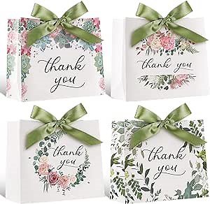 Harloon 36 Mini Thank You Bags - 4.7 x 5.5 x 2.3 In, Goodie Bags with Ribbon for Business, Baby Shower, Party, Wedding (Green)