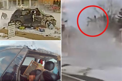 Suspect in high-speed police chase flung 20 feet in the air after crashing into snowbank – baby found in backseat: video