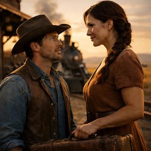 Lonely Cowboy Sent for a Mail Order Bride—Until a Woman Twice His Size Stepped Off the Train and … The wind rolled low across the prairie, whispering through the tall grass like a secret no one wanted to keep. Caleb Turner stood alone on the wooden platform of Red Creek Station, his hat pulled low, boots dusty, hard heavier than any cattle he had ever driven across the plains. He wasn't a man who talked much. The land had taught him silence. Long winters, empty skies, and nights so quiet a man c