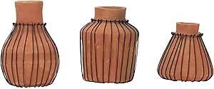 Foreside Home & Garden Set of 3 Natural Terracotta and Wire Decorative Bud Vases, Tan, Black