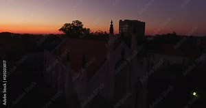 Aerial perspective of the French Huguenot Church in downtown Charleston, SC. The church in the historic French Quarter, and is gothic revival architecture style.
