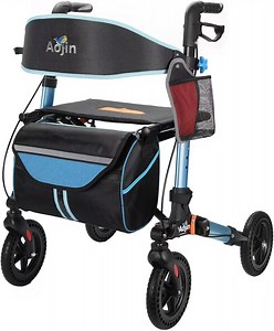 Lightweight Rollator Walker, Foldable Aluminum Mobility Aid with Seat Backrest 8" Rubber Wheels for Elderly Adult, Blue
