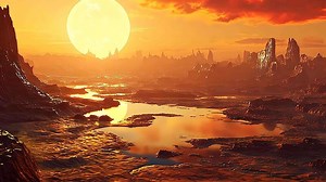 Breathtaking sunset on an alien planet with dramatic orange-red sky, barren rocky landscape, and fantasy sci-fi scenery perfect for adventure and exploration themes