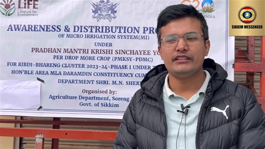 AWARENESS & DISTRIBUTION PROGRAMME OF MICRO IRRIGATION SYSTEM(MI) UNDER PRADHAN MANTRI KRISHI SINCHAYEE YOJANA. PER DROP MORE CROP (PMKSY-PDMC) FOR RIBDI-BHARENG CLUSTER 2023-24-PHASE I UNDER THE GUIDANCE OF HON'BLE AREA MLA DARAMDIN CONSTITUENCY CUM MINISTER POWER DEPARTMENT SHRI. M.N. SHERPA Organised by:Agriculture Department, Soreng DistrictGovt. of sikkim. | Sikkim Messenger