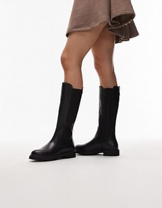 Tommy Hilfiger long flat leather boots in black | ASOS