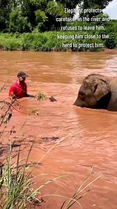Elephant protects caretaker in the river and refuses to leave him, keeping him close to the herd to protect him. 🐘❤️😭This elephant named Kham Ming was rescued and moved to this santuary only three months ago. Her caretaker Flo has been caring for her since her arrival after the elephant was rescued from a traumatic upbringing. You can see in this video how much she has bonded with him. She refused to leave him and protects him in the river, keeping Flo close to the herd | Elephant's Life