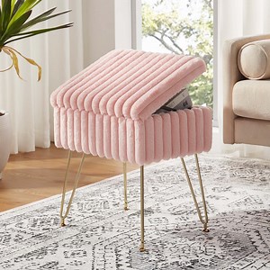 Ebenchico Faux Fur Uphosltered Vanity Stool with Storage and Metal Legs, Pink