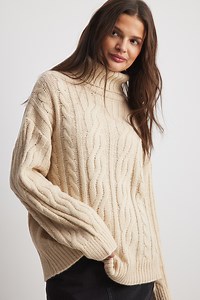 Turtleneck Knitted Cable Sweater Beige