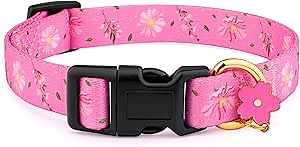 Cotton Handmade Dog Collar for Small Medium Large Dogs,Pink Flowers with Pendant Cute Dog Collars (Medium)