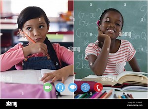 Laptop webcam view of two female students on video conference. distance learning online education concept Stock Photo - Alamy