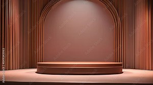 Empty brown podium display for luxury product presentation. Brown natural podium product display platform 3d background abstract shadow light concept. Suitable for product showcase, presentation. 4K