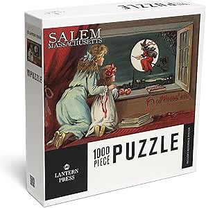 Lantern Press Salem, Massachusetts, Halloween Greeting, Witch from The Window, Vintage Holiday Art 1000 Piece Jigsaw Puzzle for Adults, Made in USA with Reference Poster