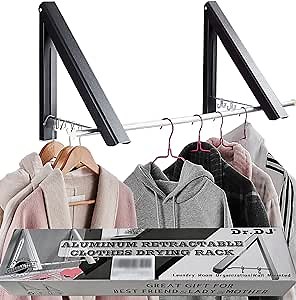 Dr.DJ Retractable Clothes Rack-Laundry Room Drying Rack Wall Mounted Clothes Hanger Foldable, Wall Mount, Folding Clohes Wall Hanger Home Storage Organizer, Aluminium, 2 Racks with Rod (Black)