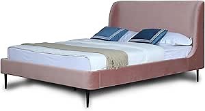 Manhattan Comfort Heather Full Size Bed Frame with Headboard Upholstered in Velvet with Mid-Century Modern Tapered Black Legs, Slats and Center Support Included, No Box Spring Required, Blush Pink