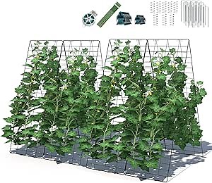 Giantex 8 Panels Cucumber Trellis, A-Frame Garden Trellis for Plant Climbing, Greenhouse Vegetable Fruit Grow Support with 18 Clips, 16 Ground Stakes, 8 Spiral Connectors, 12 Cable Tie, Twist Tie