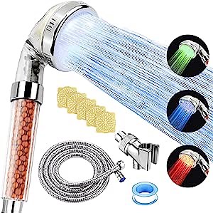 LED Filter Shower Head with Handheld, High Pressure Shower Head with Hose Holder Unit, 3 Color Lighted Detachable Shower Head for Hard Water