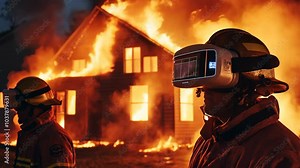 futuristic firefighter wearing VR glasses headset with burning house in flame as background, Ai stimulation training program