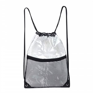 [Hot Item] Clear Drawstring Backpack Shoulder PVC Drawstring Bag with Front Zipper Mesh Pocket