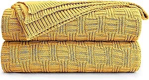 Cotton Mustard Yellow Knit Throw Blanket for Couch Sofa Beach Chair Bed Home Decorative Soft Warm Cozy Cable Lightweight Knitted Blankets,50 x 60 Inch, 2.2 Pounds