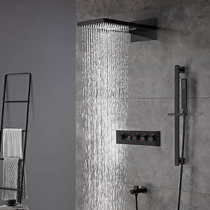 Matte Black 22 Inch Rainfall Waterfall Shower Head 3 Way Digital Display Thermostatic Shower System with Slide Bar