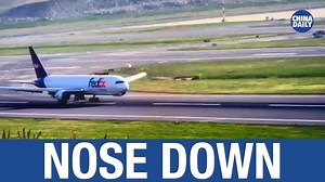 A #FedEx Airlines #Boeing 767 cargo plane was doused in foam after it landed on its nose at #Istanbul Airport in #Türkiye, forcing its pilots to climb out of the cockpit window. | China Daily Hong Kong