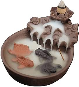 Ceramic Backflow Incense Burner Waterfall Fountain Incense Burner Incense Cone Holder Lotus Pond Incense Holder with 10 pcs Incense Cones(Brown) (Fish)
