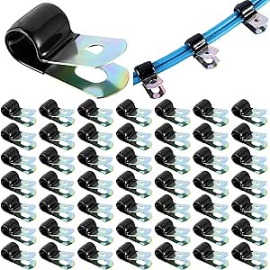 Tandefio 50 Pack Vinyl Coated Cable Clamps Galvanized Steel Cable Metal Wire Rubber Cushioned Insulated Hose Pipe Clamp for Tube Lines Wire Cord Installation(3/8 Inch,10mm)