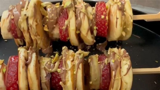 Cutest mini pancake skewers with chocolate drizzle and fruit combo