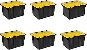 Sterilite 14619Y06 12 Gallon Hinged Industrial Tote, Medium, Yellow Lily Lid with Black Base (Pack of 6)
