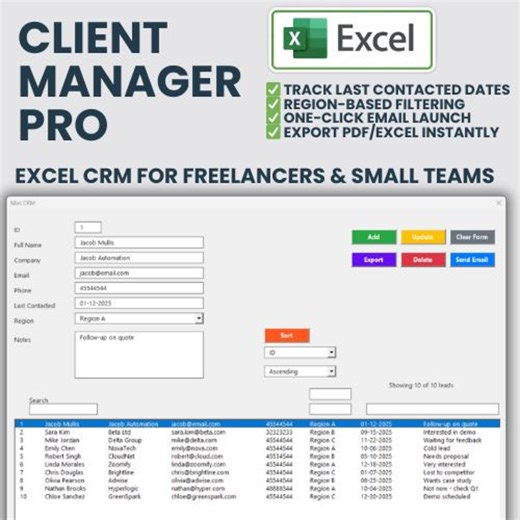 Client Manager Pro – Excel CRM Template for Freelancers | Contact & Follow-up Tracker | Region, Notes, Email, Export - Etsy Canada