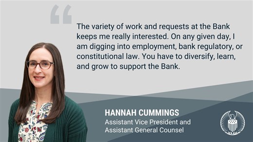 16 reactions | The Seventh District is made up of over 1,500 employees who help to advance a strong economy, promote a trusted financial system and serve the public good. Hannah Cummings, assistant vice president and assistant general counsel, provides legal support to multiple business areas across the Chicago Fed as part of the in-house counsel team. #FacesOfTheFed | Federal Reserve Bank of Chicago | Facebook