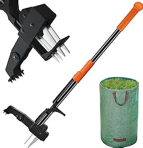 Weed Puller Tool Stand-Up - 40"" Long Handle Weed Picker with Leaf Bag, 4 Claws Stainless Steel & Foldable Foot Board, Easy Weeding Removal, No Bending, Orange